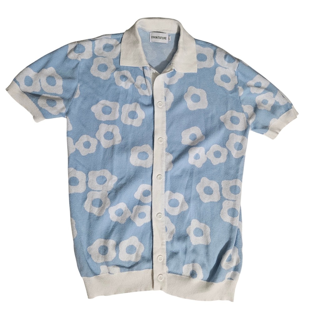 OXKNITSTORE Mens Blue White Floral Knit Polo Shirt Short Sleeve Button Down L